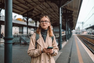 Verärgerte verlorene Frau steht allein auf dem Bahnsteig im Freien und wartet.