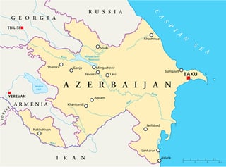 Politische Karte Aserbaidschans mit der Hauptstadt Baku, Landesgrenzen und den wichtigsten Städten.