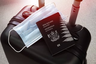 Pandemic New Zealand Passport And Protective Mask On Black Suitcase
