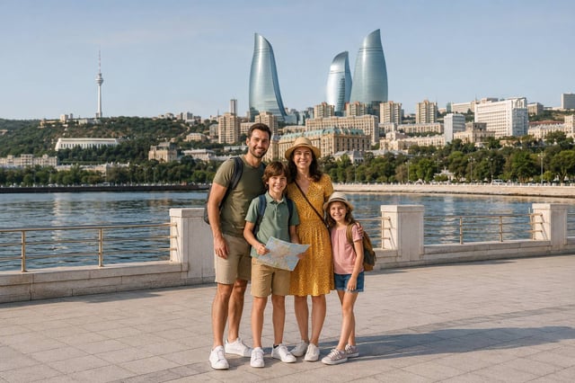 A Family Standing Before Baku Flame Towers