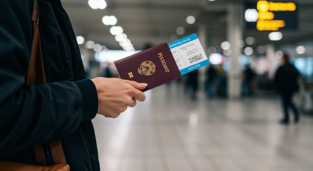 Viajero sosteniendo pasaporte y tarjeta de embarque