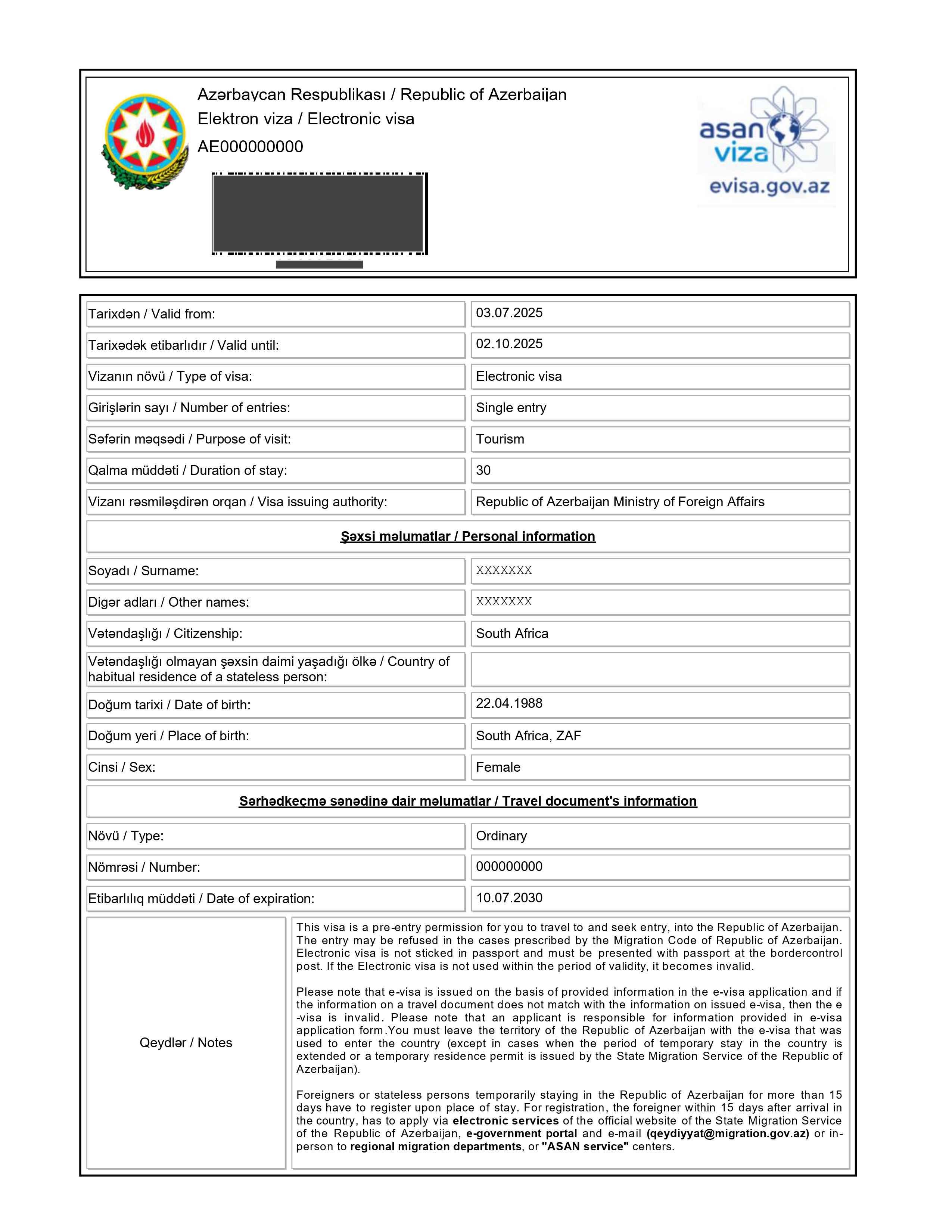 Azerbaijan Visa sample